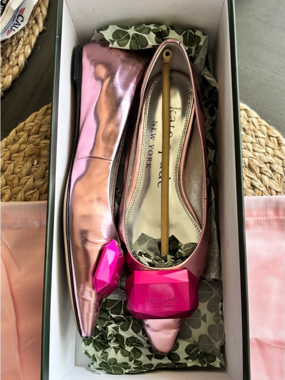 kate spade Metallic Rose Pink Pointed Toe Flats with Pink Gem
